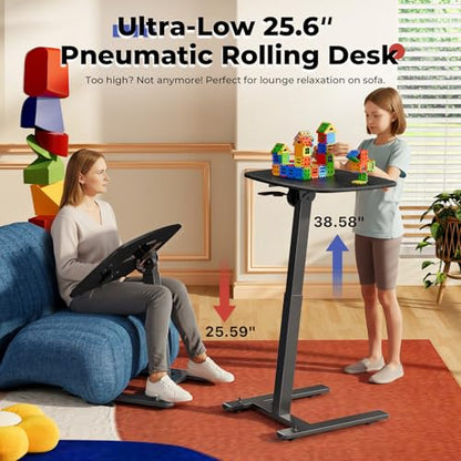 JOY worker Low Height 90° Foldable Standing Desk, Small Mobile Laptop Desk | Height Adjustable TV Tray Table, 21.65" Black MDF Tilt Board, Rolling Desk with Low Base & Hidden Casters, Couch Bed Home Use - color: Black