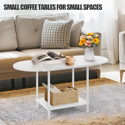 White Coffee Tables for Living Room,Mid Century Oval Center Table with Storage Shelf and Wood Tabletop,2-Tier Modern Narrow Cocktail Tea Table for Small Space,Small Apartment - color: White
