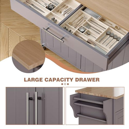 Kitchen Island with Storage, Wooden Countertop Rolling Kitchen Island On Wheels Storage Cabinet, Mobile Kitchen Island Cart with Towel Rack, Spice Rack and Drawers, Grey - color: Grey