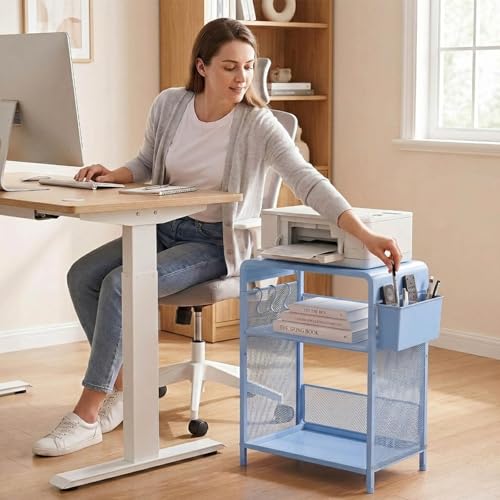 ECOLOVI 3 Tier Printer Stand for Under Desk, Height Adjustable Shelf Small Printer Table with 3 S-Hooks & Basket, Heavy Duty Industrial Storage Shelf for Home Office (Blue Metal) - color: Blue