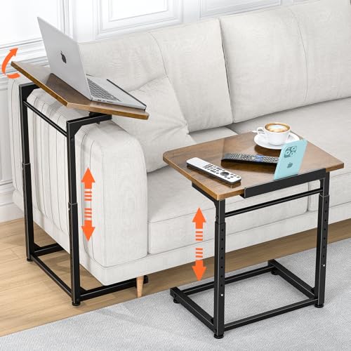Tv Tray Table, 8-Level Adjustable Height Couch Side Table，90° Tilt Angle Adjustments C-Shaped End Table, with Phone & Tablet Slot Sofa Computer Desk for Couch, Sofa, Bed, Chair, Living Room (Brown) - color: Brown, size: 1 pcs