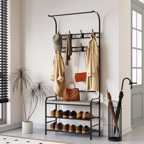 4-in-1 Hall Tree with Shoe Storage Bench, Narrow Entryway Coat Rack and Shoe Bench, Mudroom Shelves with 8 Hooks, Hanging Bar, Gray