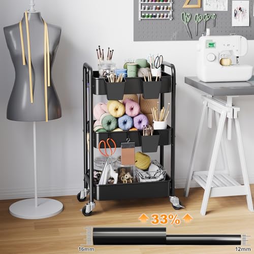 3 Tier Rolling Cart Metal with Wheels, Black Three Tiered Art Cart Organizer on Wheels, Storage Utility Trolley Carts for Kithcen, Craft, Nail, Lash, Makeup, Salon,Bedside, Bathroom, Office, Snack - color: Black 1