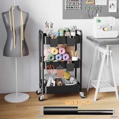 3 Tier Rolling Cart Metal with Wheels, Black Three Tiered Art Cart Organizer on Wheels, Storage Utility Trolley Carts for Kithcen, Craft, Nail, Lash, Makeup, Salon,Bedside, Bathroom, Office, Snack - color: Black 1