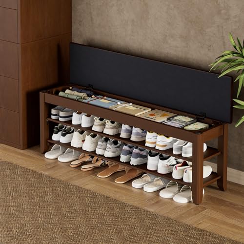 Homleke 47.2" Wide Solid Wood Shoe Rack Bench with Flip-Top Storage | 2-Tier Entryway Bench with Cushion, Adjustable Shelf, Holds Up to 12 Pairs, for Hallway, Bedroom and Closet, Walnut - color: Walnut, size: 2-Tier 47.2 Inch