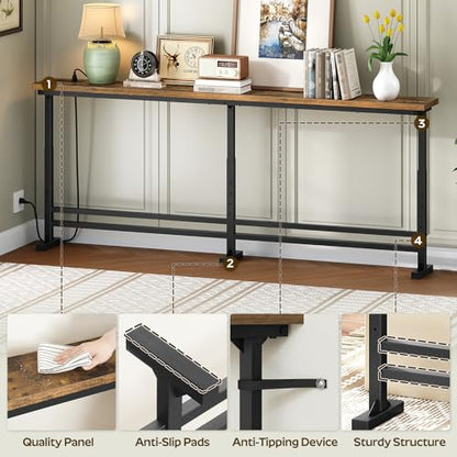 YATINEY 70.9" Console Table with Adjustable Height (27.6"-35.4") and Power Outlet, Skinny Behind Couch Table, Narrow Long Sofa Table for Living Room, Hallway, Entryway, Rustic Brown and Black CT08UBR - color: Rustic Brown + Black, size: 70.9"L x 5.9"W x 2