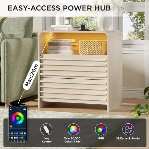 Fameill Fluted Nightstands,Nightstand with Charging Station,LED Night Stand with Two Drawers,Bedside Table with USB Ports and Outlets,Modern End Table for Bedroom (White) - color: White
