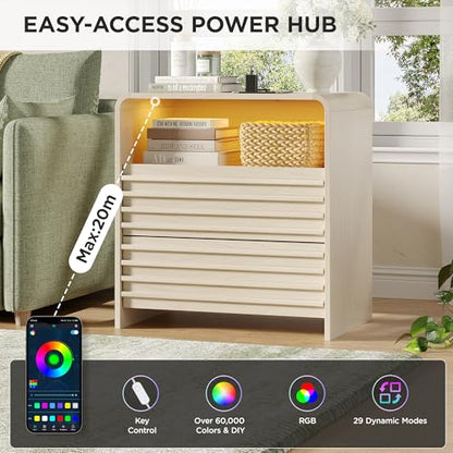 Fameill Fluted Nightstands,Nightstand with Charging Station,LED Night Stand with Two Drawers,Bedside Table with USB Ports and Outlets,Modern End Table for Bedroom (White) - color: White