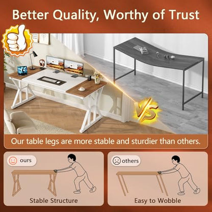 TVU Computer Desk, 55 inch Large Office Desk, Study Writing Table with Thicken Frame, Gaming Desk, Modern Simple Desk for Home Office, Brown/White - color: Brown+white, size: 55inch