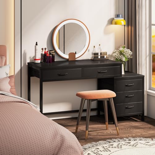 Tribesigns Computer Desk with 5 Drawers, Home Office Desks with Reversible Drawer Cabinet Printer Stand, Industrial PC Desk with Storage, Rustic Study Writing Table Workstation for Small Spaces, Black - color: Black