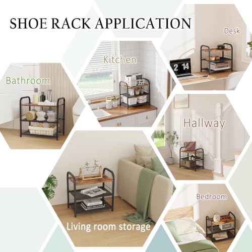 Narrow Shoe Rack for Entryway Small Spaces, 3-Tier Shoe Organizer | Compact Metal Wood Shoe Storage Shelf, Wooden Top, Guardrails, Mesh Shelves, Free Standing, for Front Door Entrance, Closet - size: 17.32" X 10.24" X 16.93"