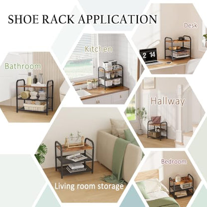 Narrow Shoe Rack for Entryway Small Spaces, 3-Tier Shoe Organizer | Compact Metal Wood Shoe Storage Shelf, Wooden Top, Guardrails, Mesh Shelves, Free Standing, for Front Door Entrance, Closet - size: 17.32" X 10.24" X 16.93"