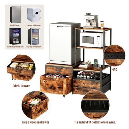 Herture Mini Fridge Stand with Wine Rack, Kitchen Bakers Rack with Power Outlet, Microwave Oven Stand, Coffee Bar, Movable Drawers, for Dorm,Office, Brown HB04BXN - color: Rustic Brown