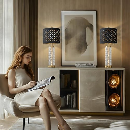 Oneach 27.75" Modern Table Lamps Set of 2, Gold Bedside Lamp with Crystal Nightlight, USB A+C, Black Grid Shade, Unique Desk Lamps for Living Room, Bedroom, Nightstand, End Table (2 Bulbs Included) - color: Gold - Black Shade