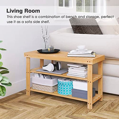 SMIBUY Bamboo Shoe Rack Bench, 3-Tier Shoe Organizer Storage Shelf for Entryway Hallway Bathroom Living Room (Natural) - color: Natural