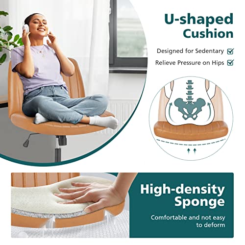 OLIXIS Criss Cross Office Chair, Vanity Chair, Home Office Desk | Wide Seat, Height Adjustable, PU Leather Padded, Armless No Wheels, Bedroom, Study Room, Brown Dual Base - color: Brown Dual Base
