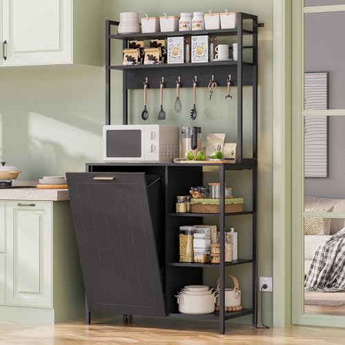 Kitchen Bakers Rack with Storage Shelf - 6-Tier Microwave Stand Oven Cabinet W/Tilting Trash Can Bin and Power Outlet, Farmhouse Thickened Coffee Bar Table Station W/6 Hooks&Adjustable feet - color: Black