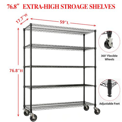 Garvee Storage Shelves, 5-Tier Metal Shelving Units with Wheels, 73" H x 59" W x 17.1" D, 3300 LBS Heavy Duty Wire Shelving Rolling Rack for Garage Kitchen Home Basement, Adjustable, Black - size: 73"H x 59"W x 17.1"D(5-Tier)