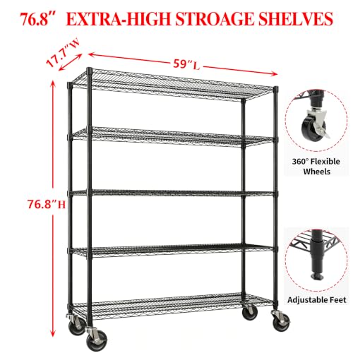 Garvee Storage Shelves, 5-Tier Metal Shelving Units with Wheels, 73" H x 59" W x 17.1" D, 3300 LBS Heavy Duty Wire Shelving Rolling Rack for Garage Kitchen Home Basement, Adjustable, Black - size: 73"H x 59"W x 17.1"D(5-Tier)