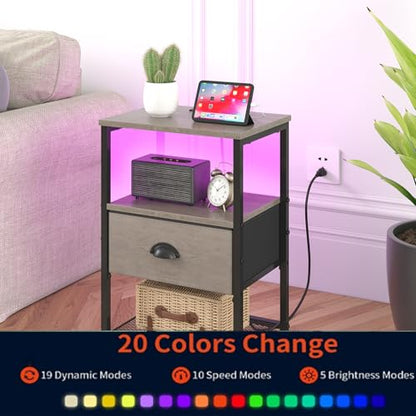 sthmec Nightstands Set of 2, LED Night Stands with Charging Station and Fabric Drawer, Bedside Tables with Drawers, 2- Tier LED Side Table End Table Charging Station Bedroom, Grey - color: Grey, style: Power & LED