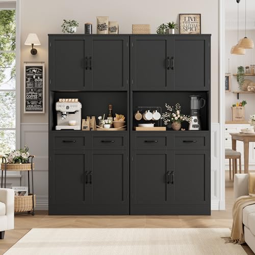 HOSTACK 71“ Tall Kitchen Pantry Storage Cabinet, Modern Kitchen Hutch Bar Cabinet with Microwave Stand, Wood Buffet Sideboard with Hutch, Cupboard with Drawers, Shelves for Dining Room, Black - color: Black