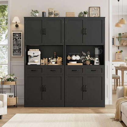 HOSTACK 71“ Tall Kitchen Pantry Storage Cabinet, Modern Kitchen Hutch Bar Cabinet with Microwave Stand, Wood Buffet Sideboard with Hutch, Cupboard with Drawers, Shelves for Dining Room, Black - color: Black