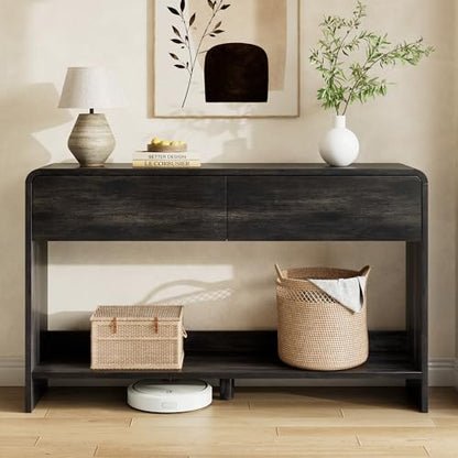 AMERLIFE 55" Modern Entryway Console Table with 2 Storage Drawers | Open Bottom Shelf, Wood Grain Finish, Rounded Edges, Long Sofa Table, Behind Couch, Hallway, Foyer, Living Room, Black - color: Black - Flat Panel, size: 55"