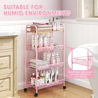 TOOLF 4-Tier Rolling Cart, Metal Utility Cart, Slide Out Storage Cart with Wooden Tabletop and Mesh Baskets, Easy Assemble Trolley for Kitchen Bathroom Laundry Room Bedroom Apartments Dormitory - size: Wide, style: Pink