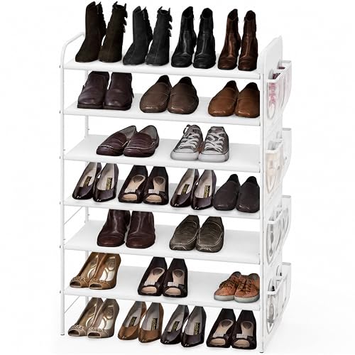 Simple Houseware 6-Tier Shoe Rack Storage Organizer w/Side Hanging Bag, White - color: White