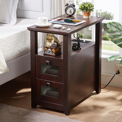 HDDDZSW Farmhouse XXL End Table with Charging Station, Narrow Side Table with USB Ports and Outlets, Nightstand with 2 Drawers Storage, Bedside Tables for Living Room, Bedroom, Rustic Cherry - color: Cherry