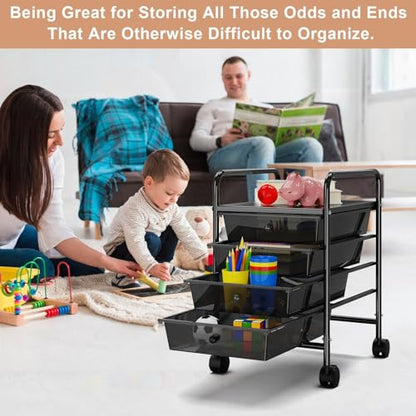 4-Tier Utility Cart with 4 Drawers, Rolling Utility Cart with 2 Lockable Caster Wheels, Multipurpose Mobile Rolling Drawer Cart for Office Bathroom Kitchen, Transparent Black - size: Black, 4-Tier