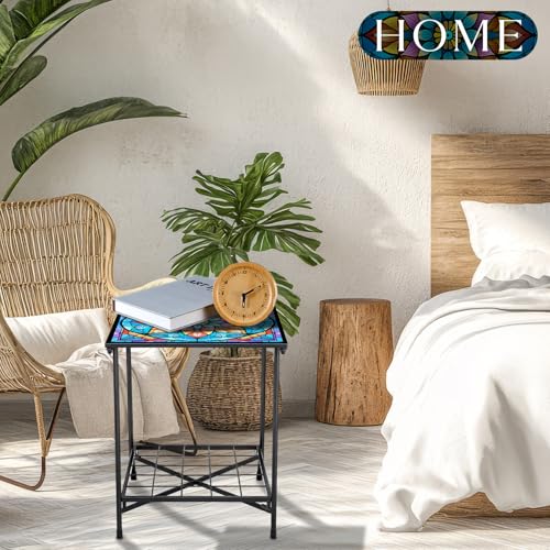 Cinnvoice Outdoor Side Table 2-Tier Storage Square Small Mosaic Patio Accent Indoor End Plant Coffee Tea Table for Yard Patio Porch Garden Living Room, Bedroom(Mandala Style) - style: Mandala Style