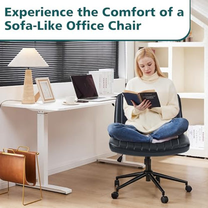 OLIXIS Criss Cross Chair with Wheels, Vanity Chair, Home Office Desk | Wide Seat Armless, Faux Leather, Height Adjustable Swivel Rolling, Home Computer Task Seating for Bedroom Study, Black PU - color: Black Pu