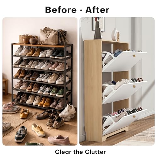 Nicetree Shoe Cabinet with 3 Flip Drawers，Freestanding Shoe Storage Cabinet, Narrow Shoe Organizer Cabinet, Farmhouse Slim Shoe Rack Cabinet for Entryway, Natural Oak and White with Hook - color: Natural Oak and White, style: 3-Drawers with Hook