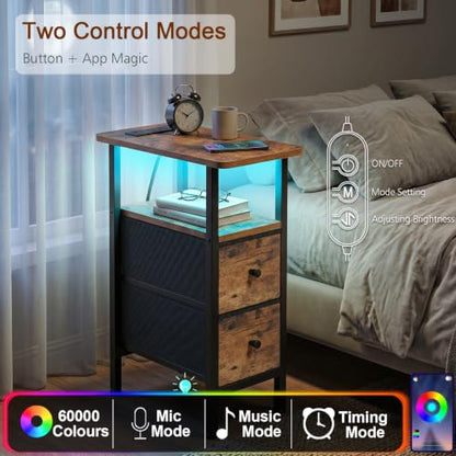 LOAKEKEL Narrow Nightstand with Charging Station, End Tables Living Room | Set of 2, Skinny Side Table with 2 Fabric Drawers, Small Sofa Table with LED Light for Bedroom, Brown - color: Rustic Brown + Black, style: Power + Light