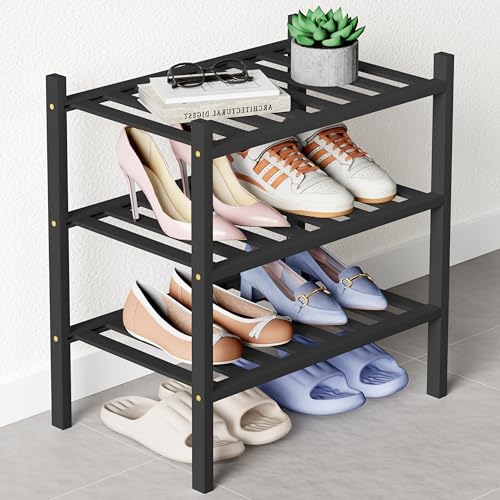Smiry Bamboo Shoe Rack for Closet, 3 Tier Small Wooden Shoe Organizer, Stackable Wood Shoe Storage Shelf for Entryway, 14 Vertical Slats, One-piece Heavy-Duty Legs, 17.32"x11.02"x18.31", Black - color: Black, size: 3 Tier - Small