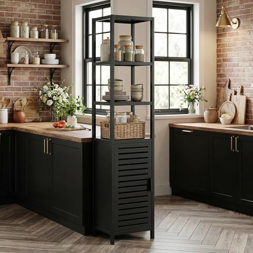 HITNET Bathroom Cabinet Freestanding, Tall Slim Bamboo Storage Cabinet with Single Door and Open Shelves, Space Saving Kitchen Cupboard Organizer, Black - color: Black