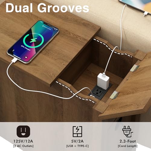 Narrow End Table with Charging Station - Midcentury Rattan Slim Side Table with USB Ports and Power Outlets, Nightstand with Flip Top and Storage Drawer, for Small Spaces Living Room Bedroom
