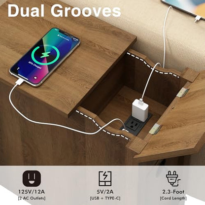 Narrow End Table with Charging Station - Midcentury Rattan Slim Side Table with USB Ports and Power Outlets, Nightstand with Flip Top and Storage Drawer, for Small Spaces Living Room Bedroom