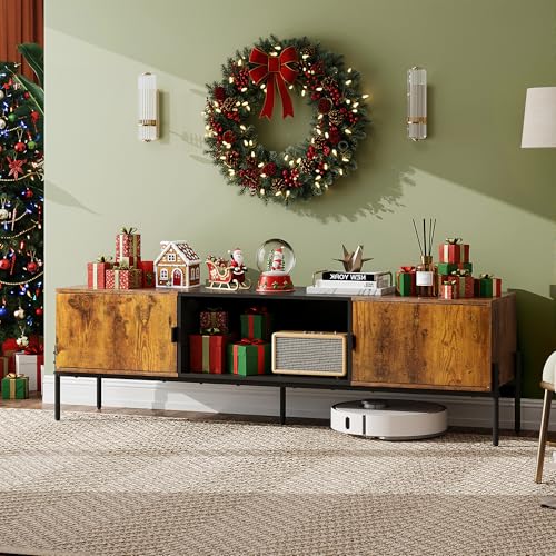 WLIVE 58" TV Stand for 65 Inch TVs, Mid Century Modern Entertainment Center with 2 Storage Cabinets & Open Shelf, Media Console Table with Metal Legs for Living Room, Bedroom, Rustic Brown - color: Rustic Brown