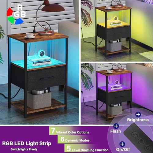 TUTOTAK LED Nightstand Set of 2, Night Stand with Charging Station, End Table, Bedside Table with Fabric Drawer, Side Table for Livingroom and Bedroom, Brown TB01BB0692L - color: Brown, style: Plug&LED