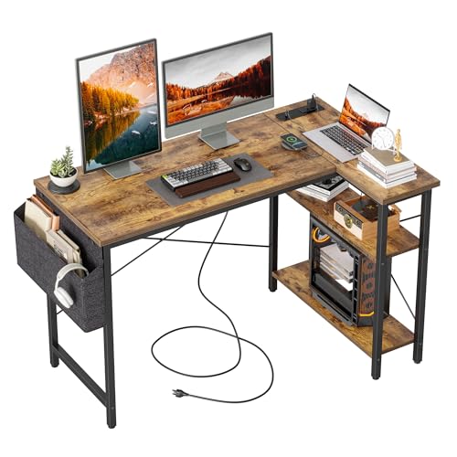 TIQLAB L Shaped Computer Desk with Power Outlets, 47 Inch Small Corner Desk with Reversible Shelves, Gaming Desk Computer Table Study Writing Desk for Home Office Small Space, Rustic Brown - color: Rustic Brown, size: 47 Inch