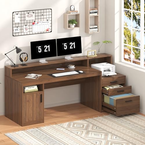 YOMILUVE Computer Desk with 3 Drawers & Storage Shelves, 65 Inch Home Office Desk with File Drawer & Cabinet, Writing Study Desks with Monitor Stand & Printer Shelf, Executive Desk, Brown - color: Brown