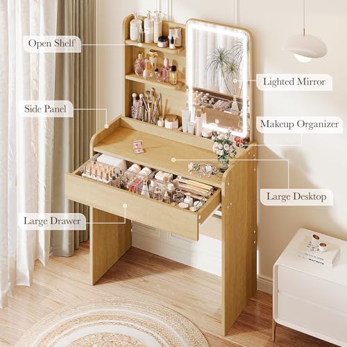 Memobarco Small Vanity Desk with Mirror and Lights, Makeup Vanity with Drawer & Storage Shelves, Vanity Desk with 3 Lighting Modes & Adjustable Brightness, Dressing Table for Women Girls Bedroom, Wood - color: Wood