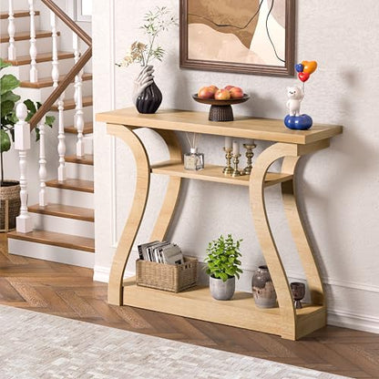 47" Wood Console Table for Entryway, Narrow Sofa Table with 3-Tier Shelves | Curved Legs Farmhouse Hallway Table, Skinny Console Table Behind Couch, Rustic Wooden Entry Table for Living Room (Natural) - color: Natural