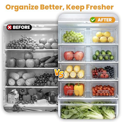 6 Pack Stackable Storage Drawers,Plastic Organizers Bins, Drawers Storage with Handles and Movable Dividers for Organization and Storage in Fridge,Bathroom, Pantry, Kitchen Cabinets, Under Sink - size: 6Pack 4.4"H-with Dividers