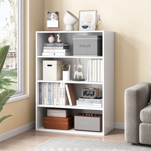 NELYE 4 Tier Open Shelf Bookcase, 23.62" x 9.53" x 41.81" in, White | Fits Books, Decor, Toys, Sturdy MDF Resists Wobble, Scratch-resistant, Easy Clean, For Living Room and Bedroom - color: White, size: 4-Tier