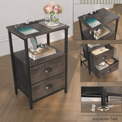 sthmec Nightstand with Charging Station, LED Night Stand Set of 2, Bedside Table End Table with Drawer, Bedroom Tables with 2 Fabric Drawers, 3-Tier Storage Side Table for Bedroom, Black Oak - color: Black Oak