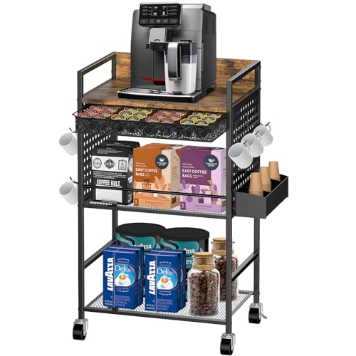 Compact Coffee Bar Cabinet with Power Outlet, Lockable Wheels, and Storage Drawer - Rustic Brown & Black for Office, Living Room, or Small Spaces