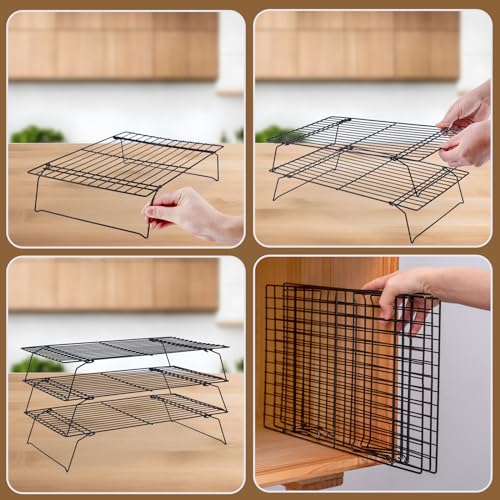 Cooling Rack for Baking 3 Tiers, 16" x 10" Cookie Cooling Wire Rack Stackable Collapsible Nonstick, Stainless Steel Baking Cooking Cooling Racks with Optimum Air Flow, Black - color: Black, size: 16"x10"-3Tier
